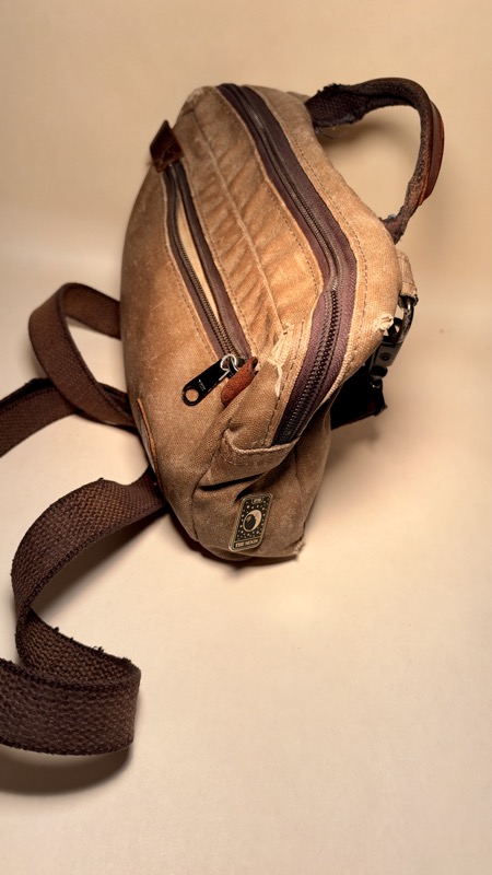 A well-traveled Nutsac EDC Man Bag Damnit